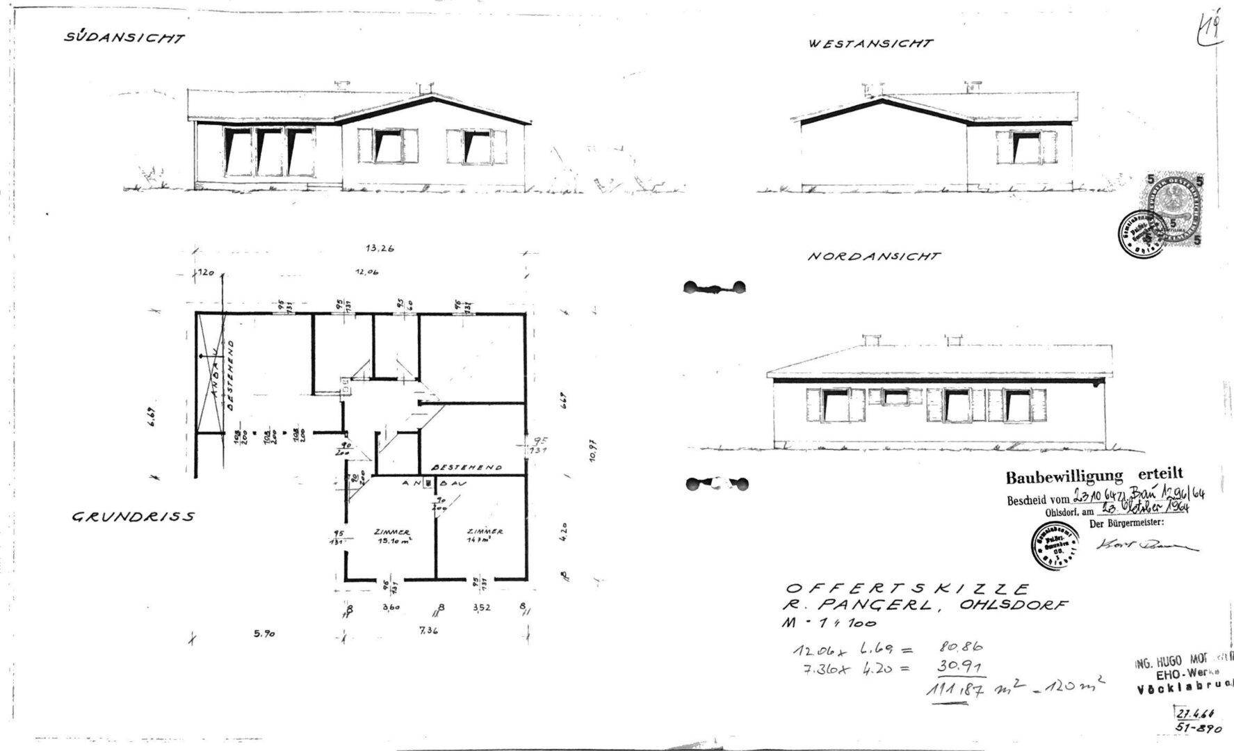 Historischer Grundriss des Hauses mit Süd- und Westansicht sowie Raumaufteilung.