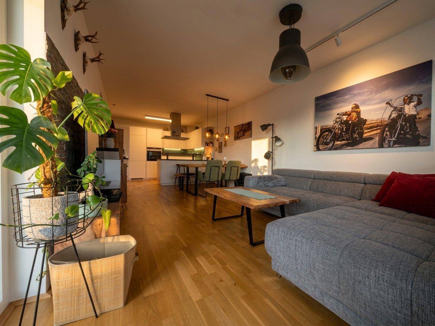 Heller offener Wohnbereich mit Küche, Essbereich und Zugang zur Terrasse.