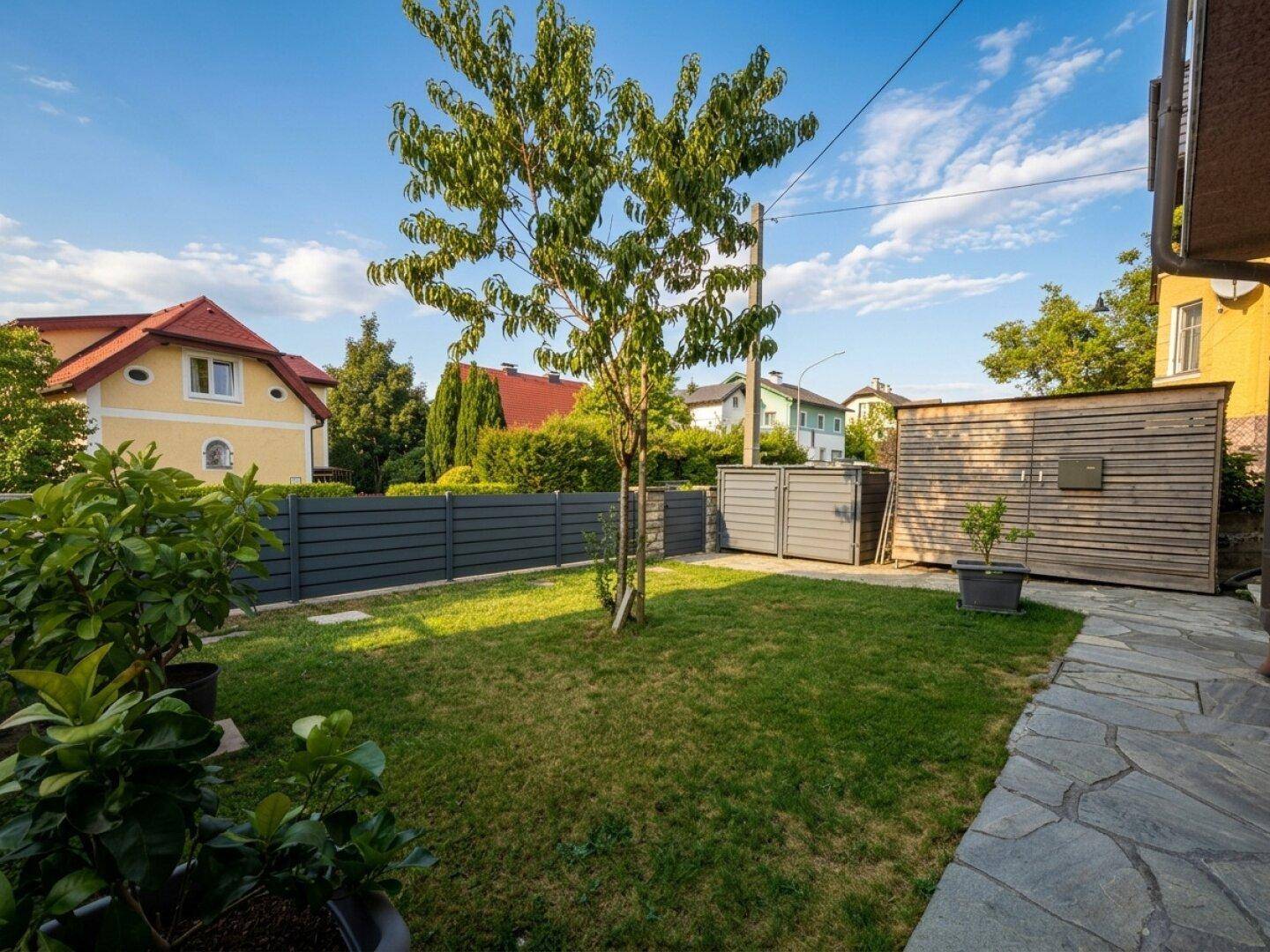 Gepflegter Gartenbereich mit Rasenfläche, jungem Baum, Gartenhaus und modernem Zaun.