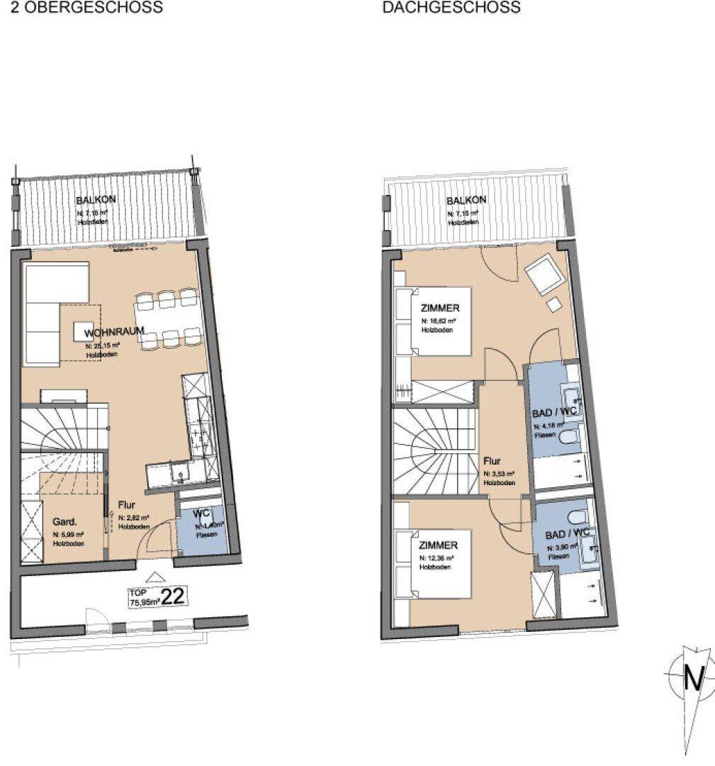 Grundrisspläne des 2. Obergeschosses und Dachgeschosses mit Wohnbereich, Schlafzimmern und Balkonen.