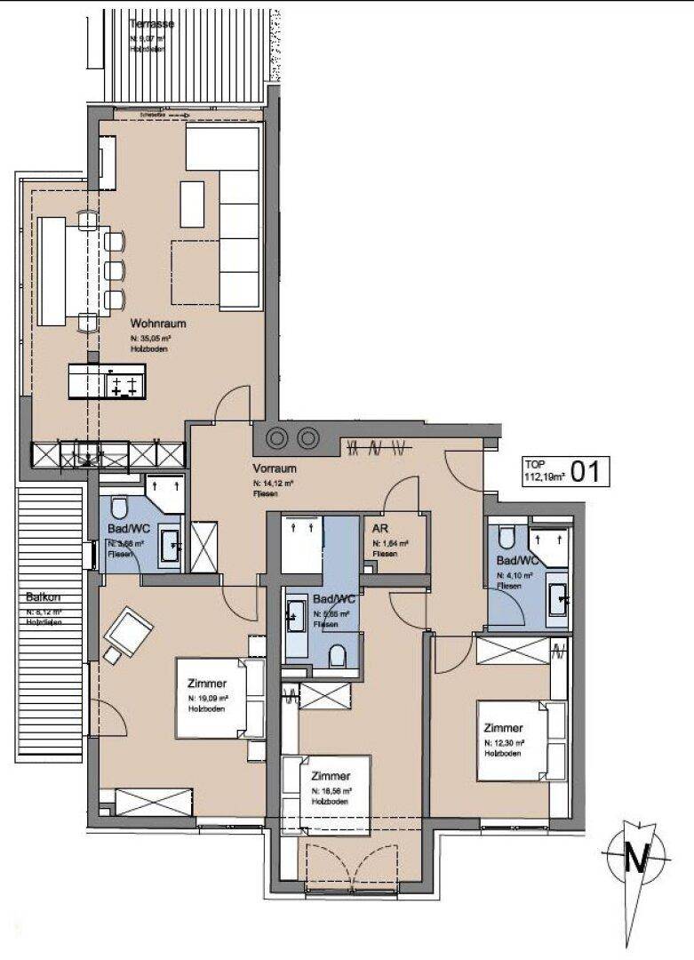 Grundriss einer Wohnung mit offenem Wohnbereich, drei Zimmern, zwei Bädern und Balkon.