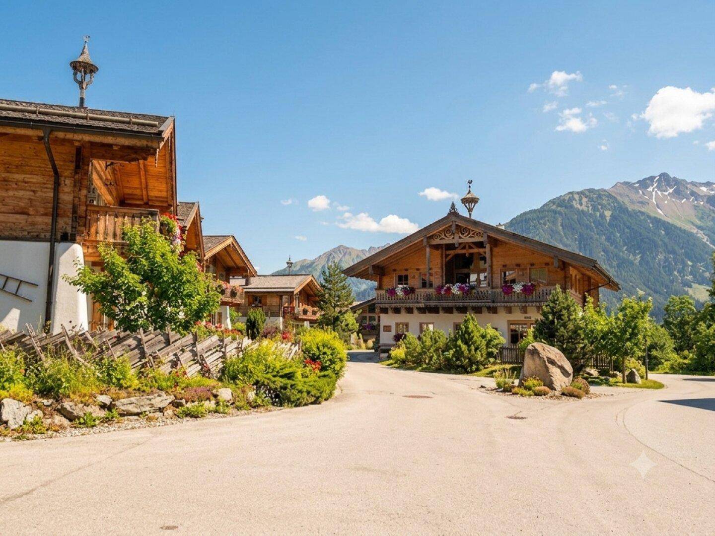 Weitläufige Ansicht einer Chalet-Siedlung mit Bergen im Hintergrund unter strahlend blauem Himmel.