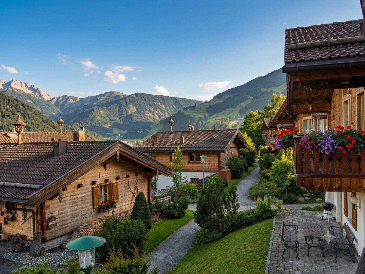 Malerische Ansicht einer Siedlung von Holzchalets in einer grünen Berglandschaft unter blauem Himmel.