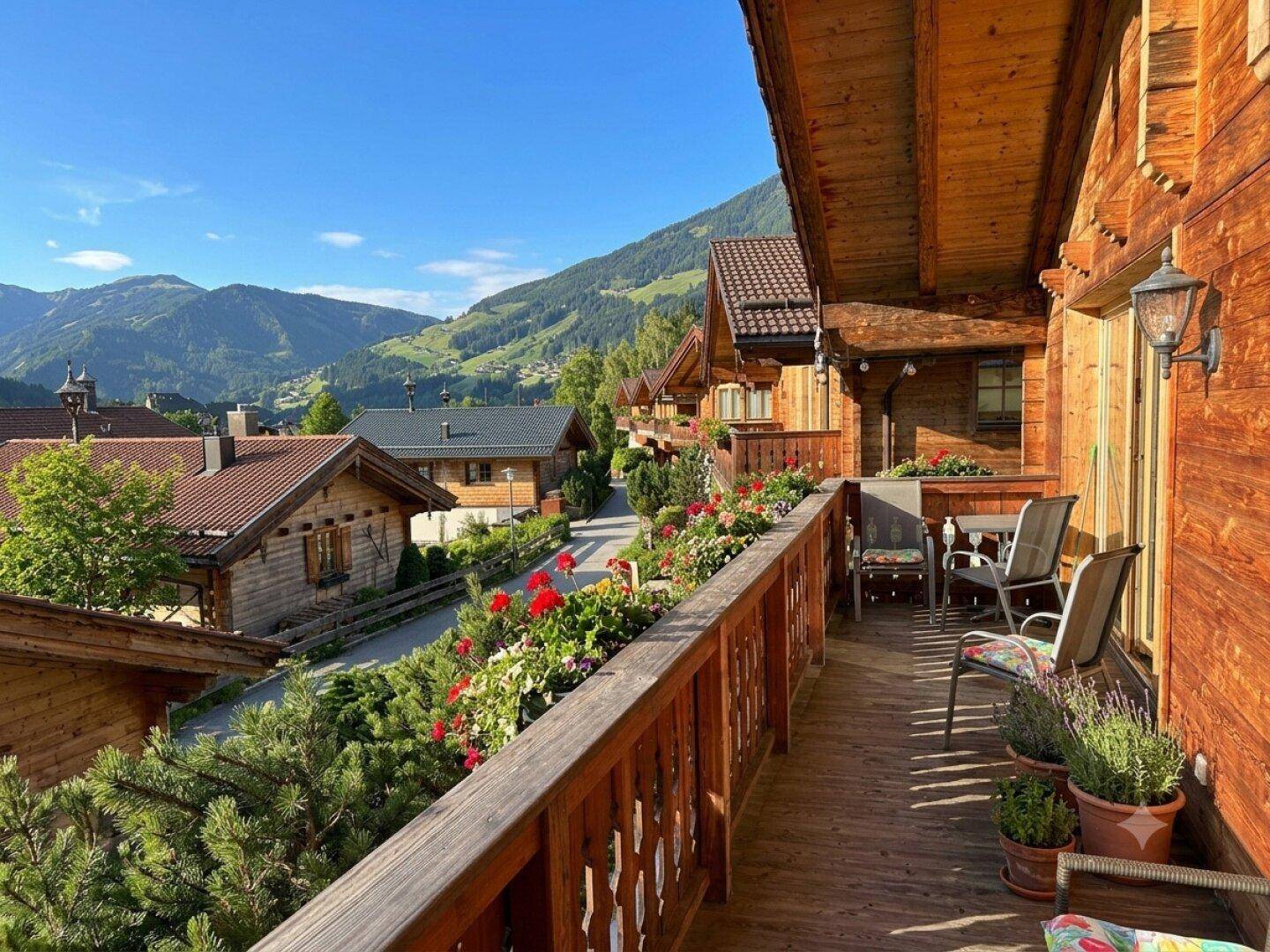 Holzbalkon mit Blumenkästen und Sitzgelegenheiten, bietet einen weiten Blick auf die Berglandschaft.