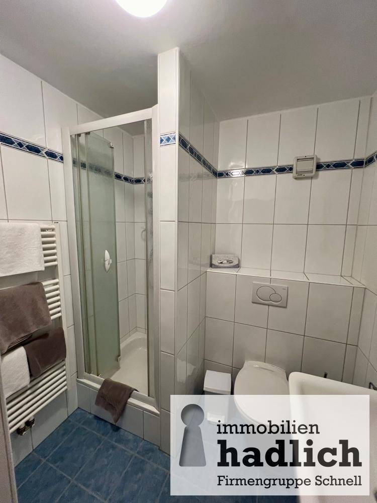 Funktionales Badezimmer mit Dusche, WC, Waschbecken und weiß-blauen Fliesen.
