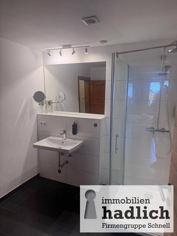 Modernes Badezimmer mit Dusche, Waschbecken und großem Spiegel, ausgestattet mit dunklen Bodenfliesen.