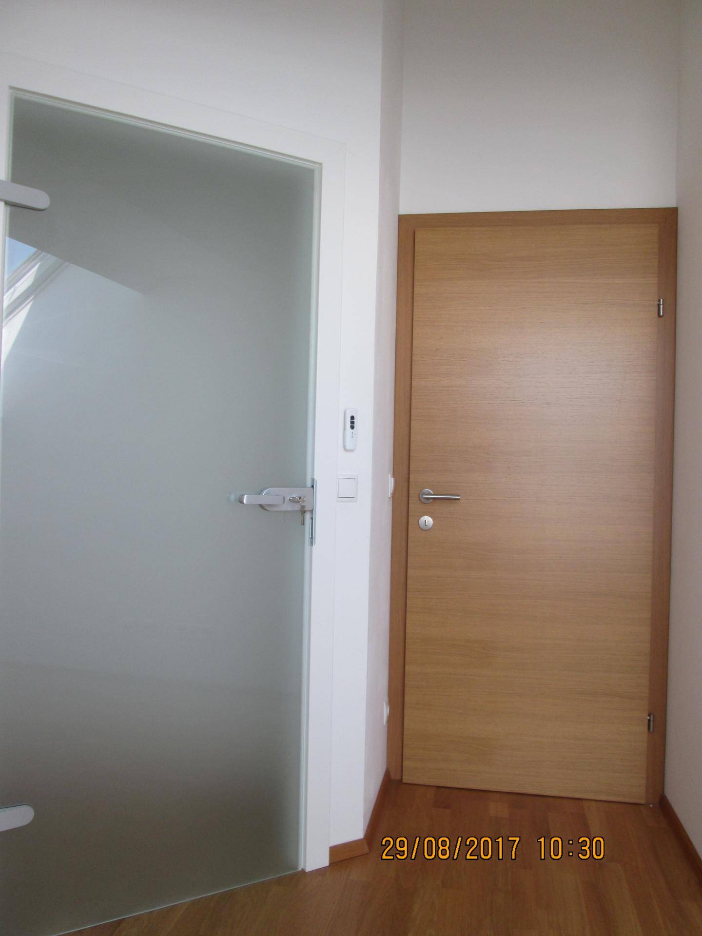 Flur mit Holztür und einer modernen Glastür, die Licht in den angrenzenden Raum lässt.