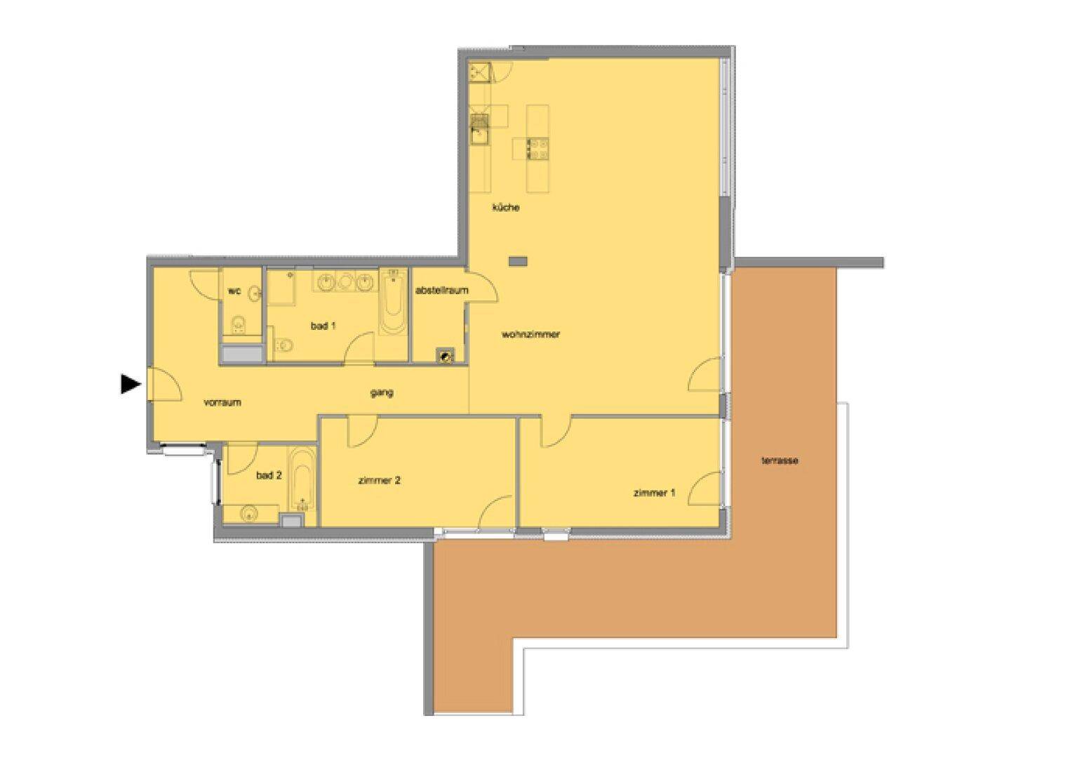 Übersichtlicher Grundriss mit mehreren Zimmern, zwei Bädern und einer großen Terrasse.