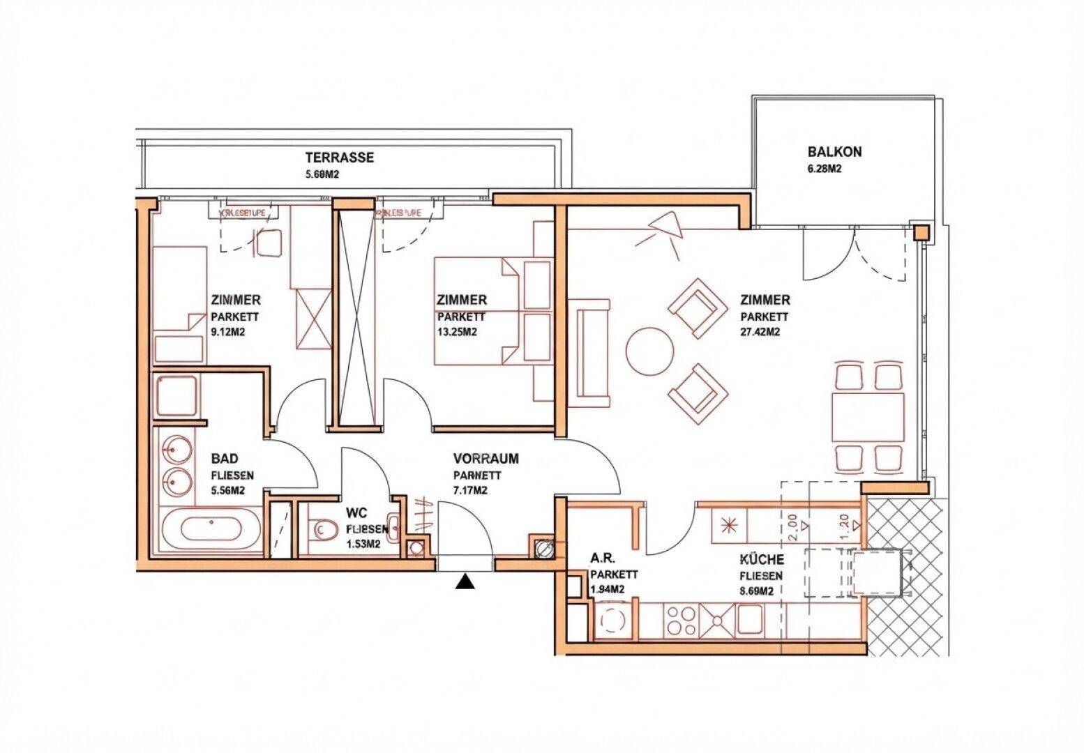 Grundriss einer Wohnung mit Terrasse, Balkon, zwei Bädern und drei Zimmern.
