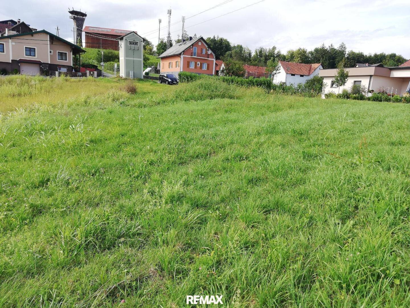 Grüne Wiesenfläche mit Wohnhäusern und Infrastruktur wie einem Trafohäuschen im Hintergrund.