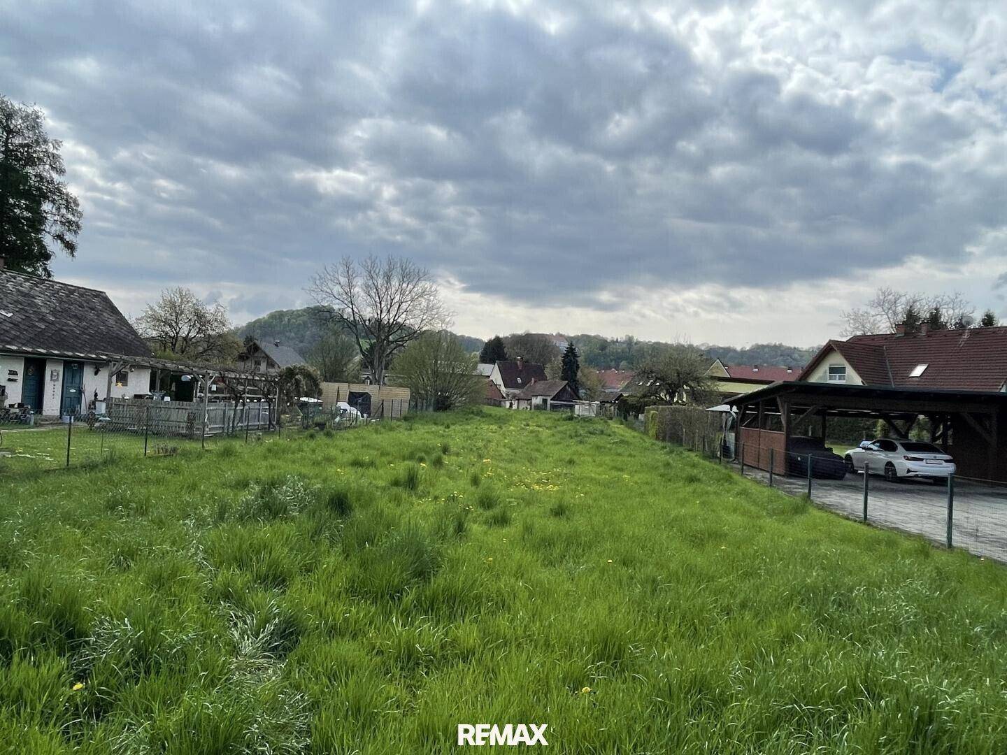 Weitläufiges grünes Grundstück mit hohem Gras und Blick auf die umliegenden Häuser unter bewölktem Himmel.