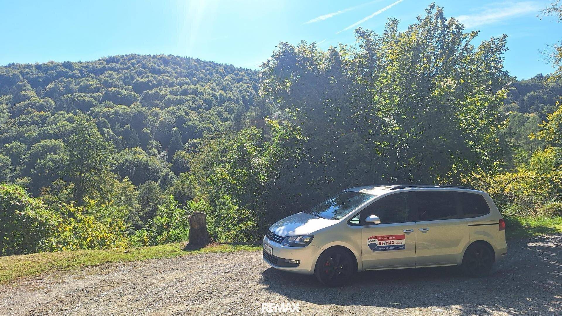 Silbernes Auto auf einem Schotterweg vor einer bewaldeten Hügellandschaft unter blauem Himmel.