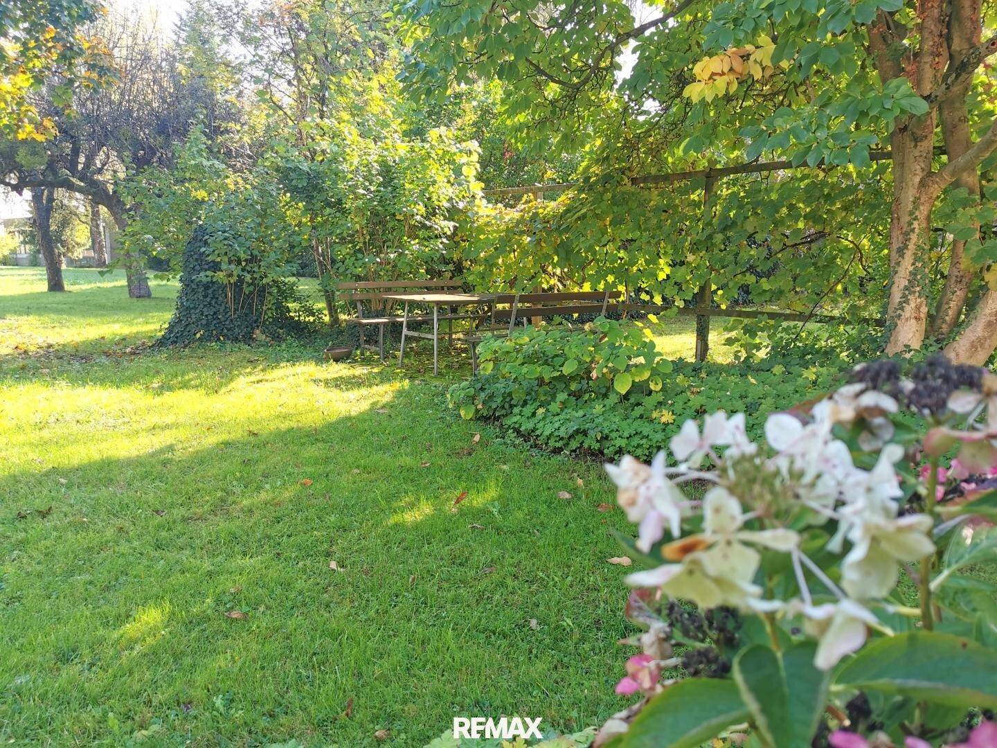 Ruhiger Gartenbereich mit Holzsitzgruppe und blühenden Pflanzen im Sonnenlicht.