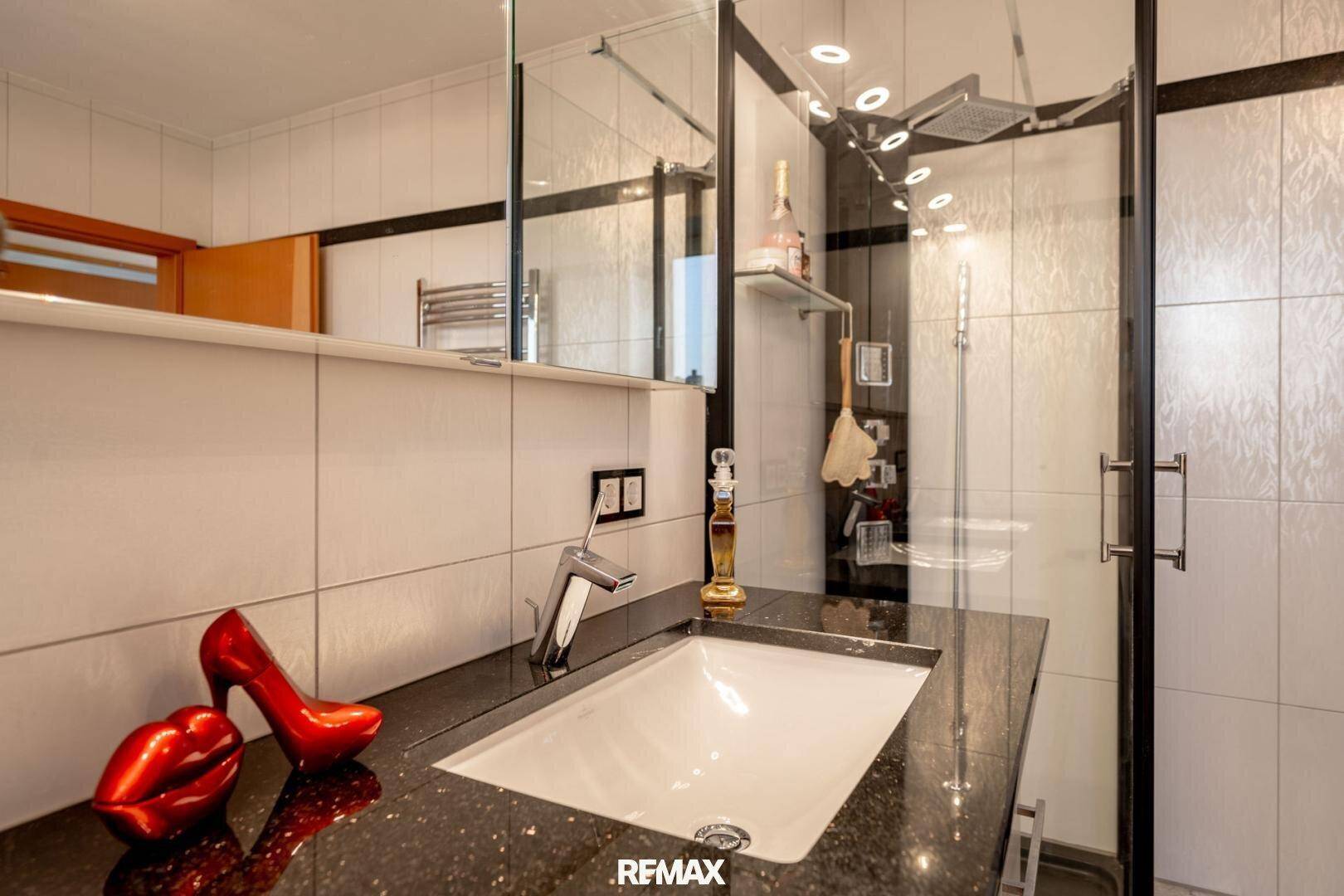 Modernes Badezimmer mit dunkler Granit-Arbeitsplatte, Einzelwaschbecken und Duschkabine.