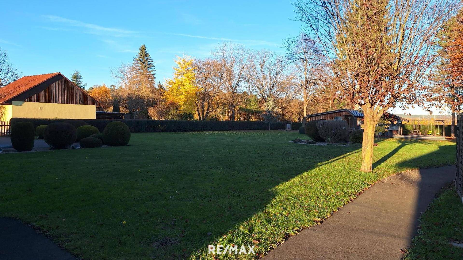 Gepflegter Gartenbereich mit großer Rasenfläche und Hecken, umgeben von Bäumen an einem sonnigen Tag.