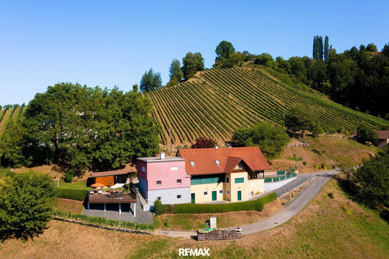 Weitläufiges Anwesen mit Gebäuden und Weinbergen, eingebettet in eine idyllische Hügellandschaft.