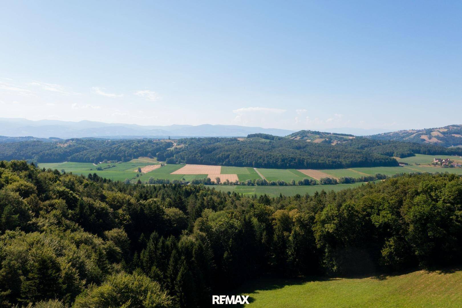 Weitläufige Hügellandschaft mit Wäldern und Feldern unter klarem blauem Himmel.