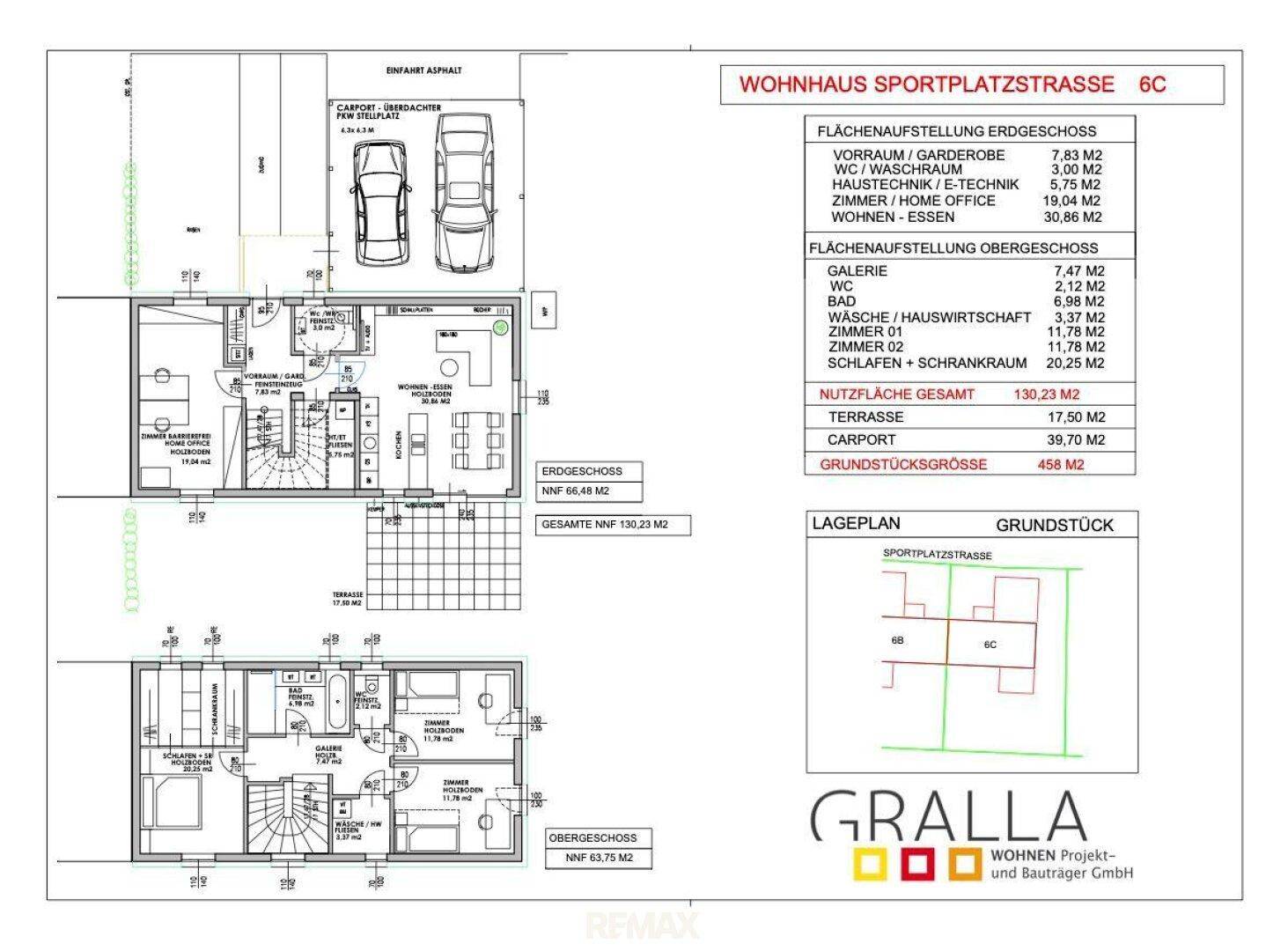 Detaillierter Grundriss eines Wohnhauses mit Erdgeschoss und Obergeschoss sowie Carport.