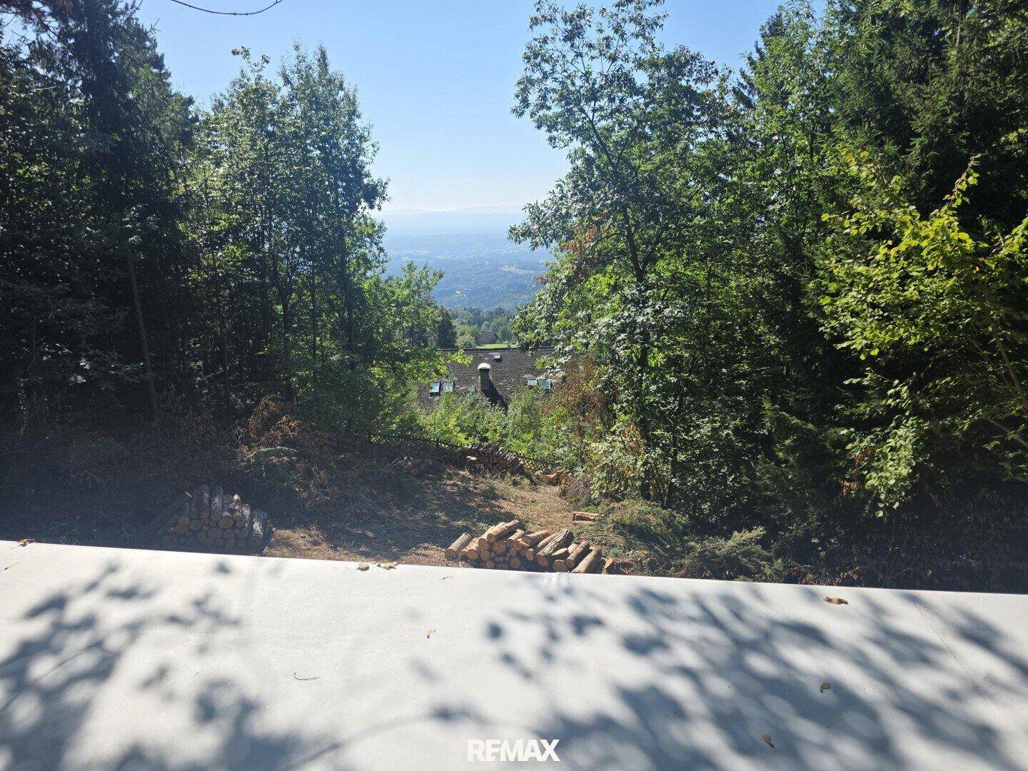 Weitblick von der Terrasse über die Baumwipfel auf die malerische Landschaft und Berge.