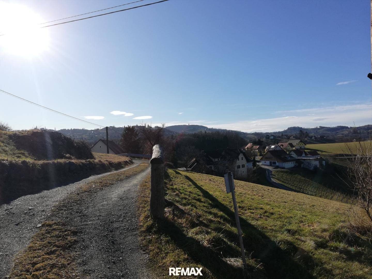 Sonniger Feldweg führt durch die hügelige Landschaft mit vereinzelten Häusern und Weinbergen.