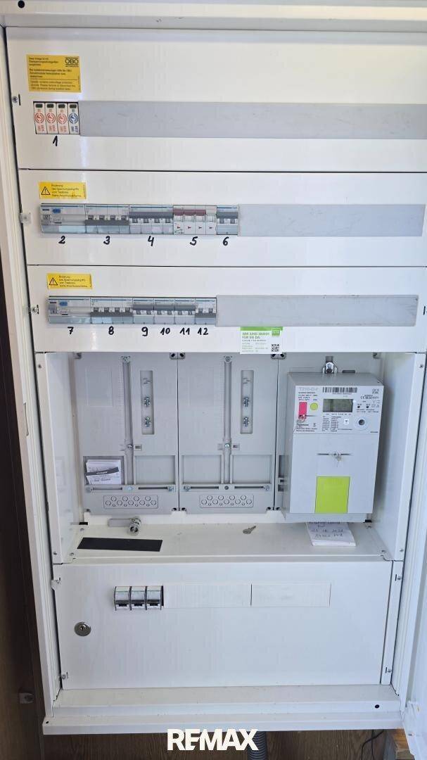 Moderner elektrischer Verteilerkasten mit Zähler und mehreren Sicherungsreihen.