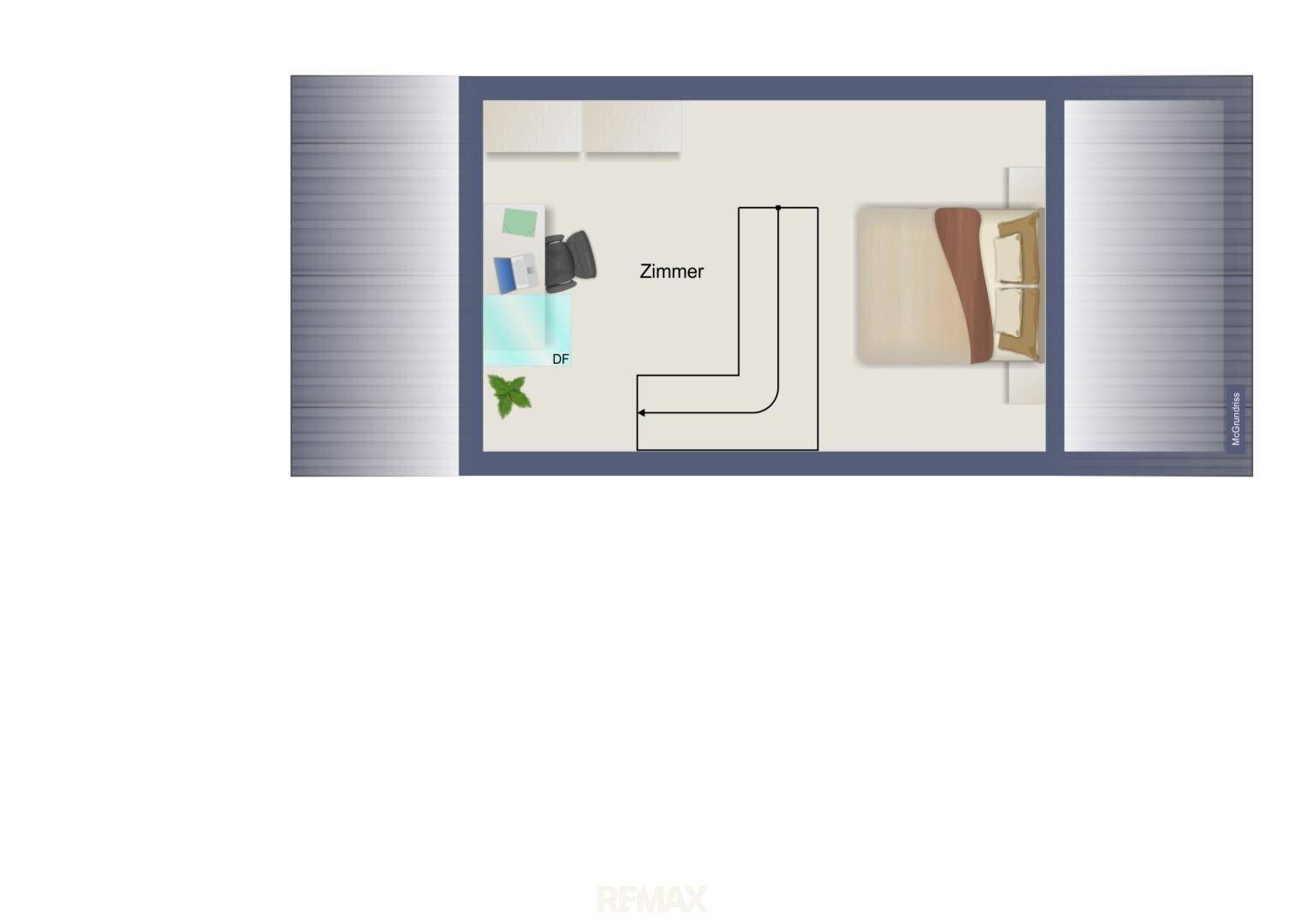 Grundriss eines Zimmers, eingerichtet als Schlafzimmer oder Arbeitszimmer mit Bett und Schreibtisch.