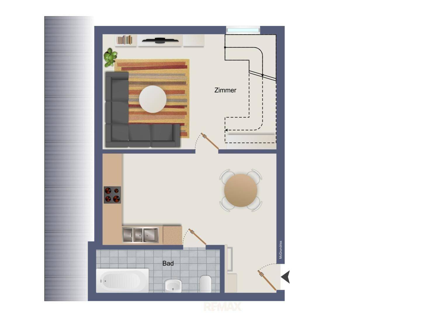 Grundriss einer Wohnung mit offenem Wohnbereich, Küche, Essplatz und Badezimmer.