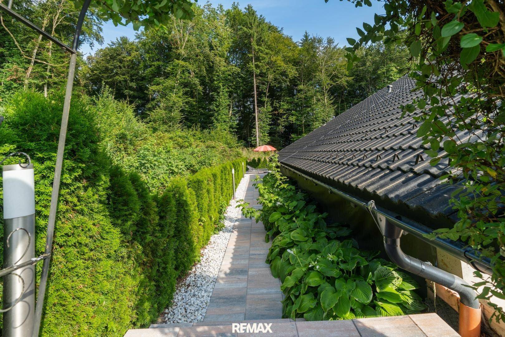 Gepflegter Gartenweg umgeben von hohen Hecken und Bäumen.