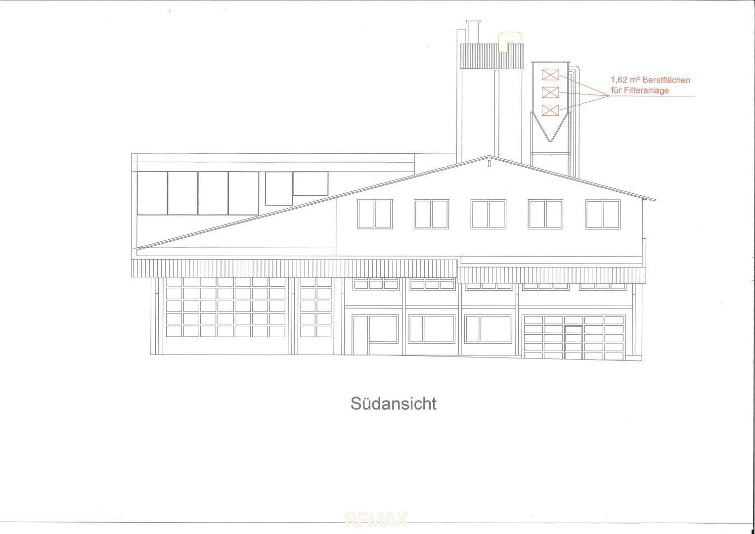 Südansicht des Gebäudes mit Garagentoren und einem Filteranlagensymbol.
