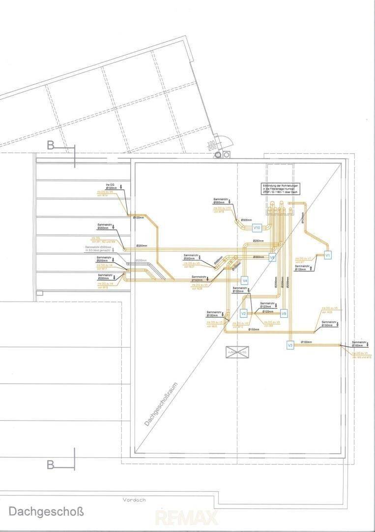 Grundriss des Dachgeschosses mit Dachschrägen und technischen Installationen.
