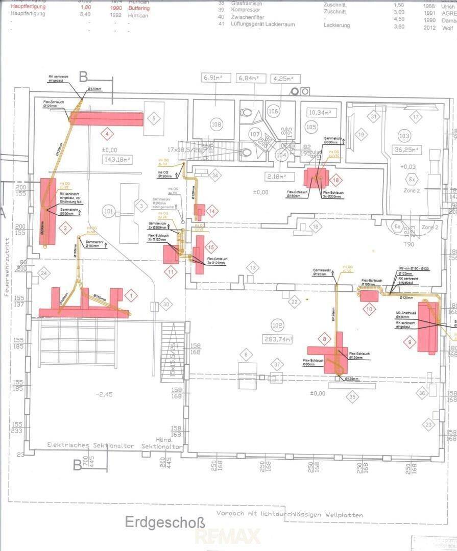 Grundriss des Erdgeschosses mit Werkstattbereichen und elektrischen Installationen.
