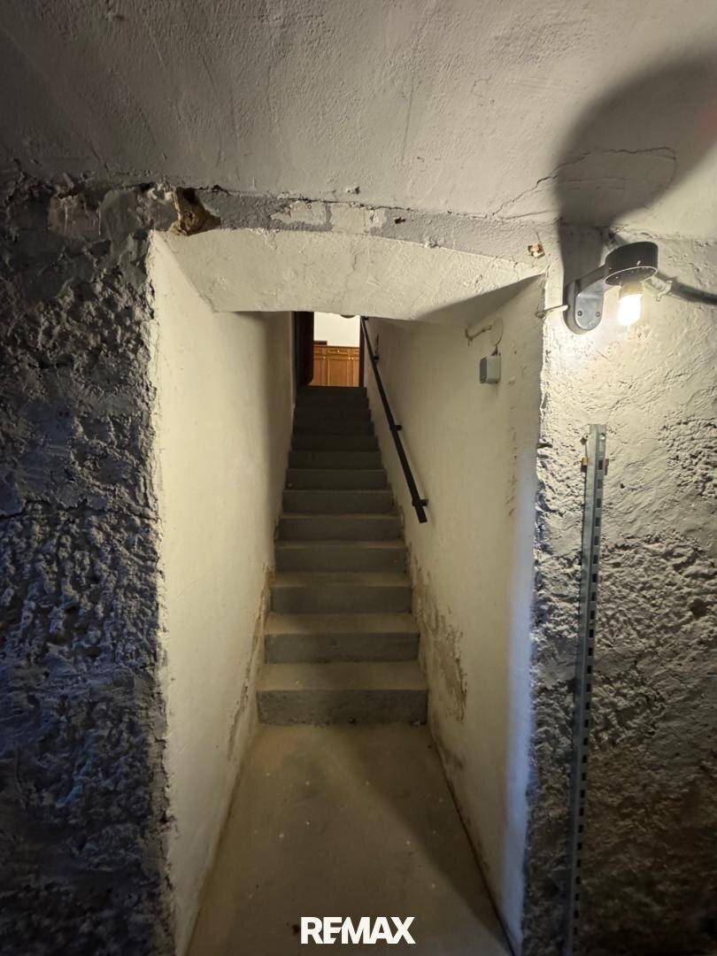 Steintreppe führt hinunter in den Kellerbereich mit rauen Wänden und einfacher Beleuchtung.
