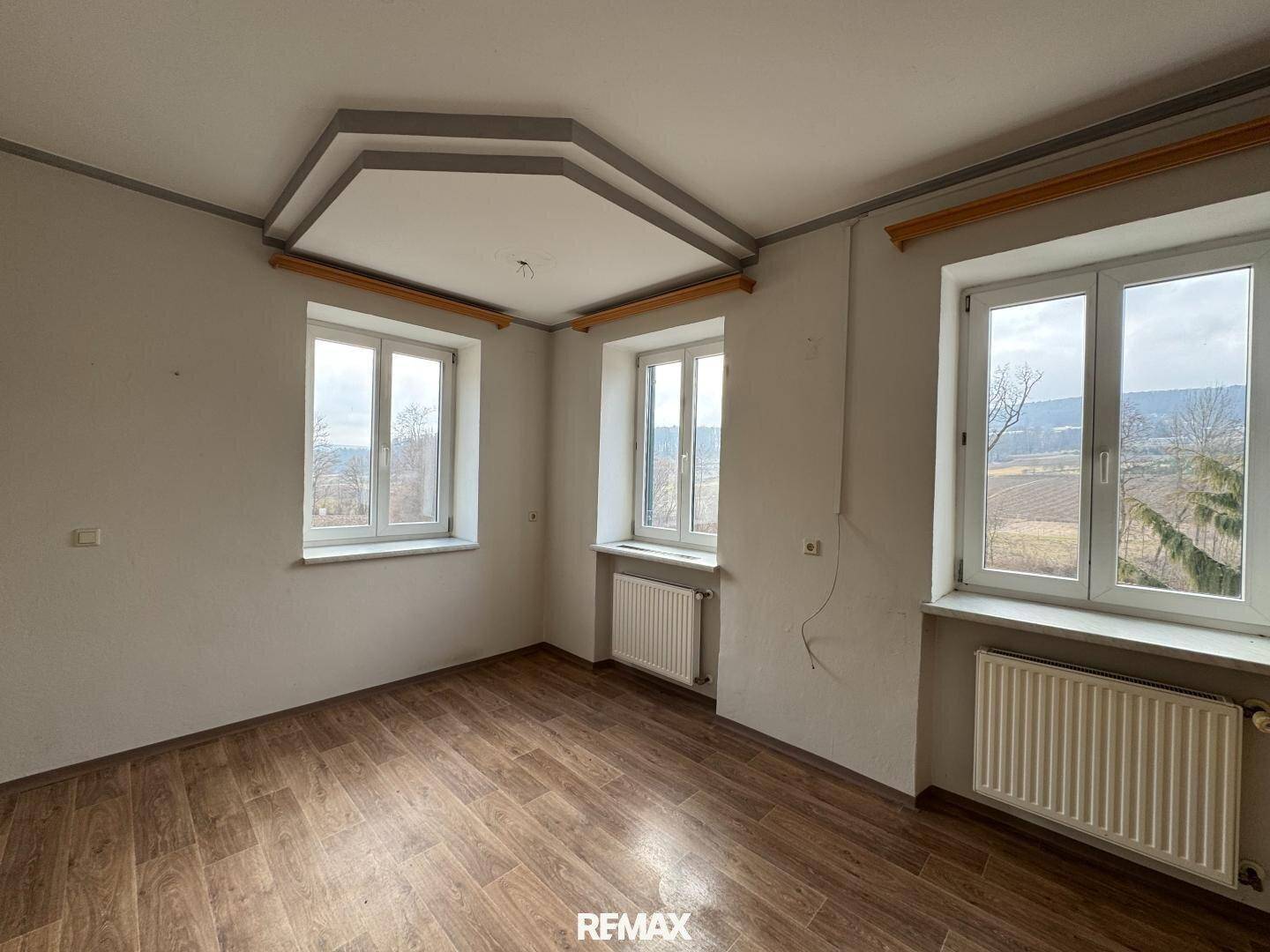 Heller Raum mit Laminatboden, mehreren Fenstern und Heizkörpern, bietet weite Aussicht.