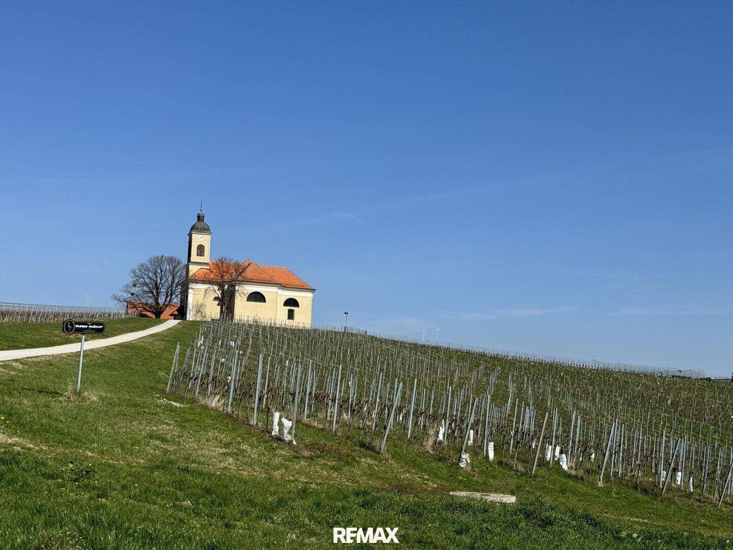 Malerische Kirche auf einem Hügel, umgeben von Weinbergen unter blauem Himmel.