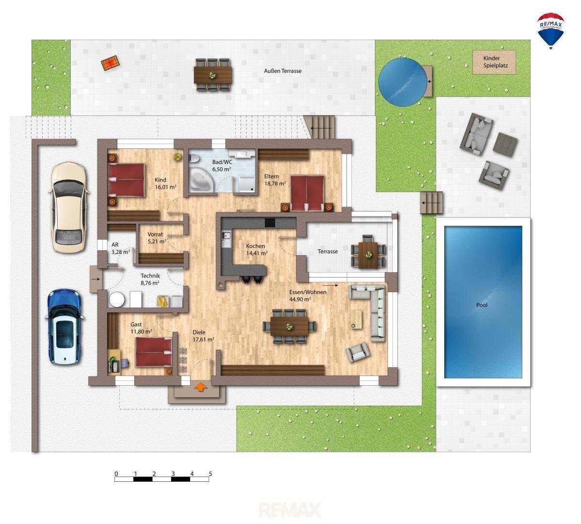 Detaillierter Grundriss des Erdgeschosses mit Wohnbereich, Küche, Terrasse und Pool im Garten.