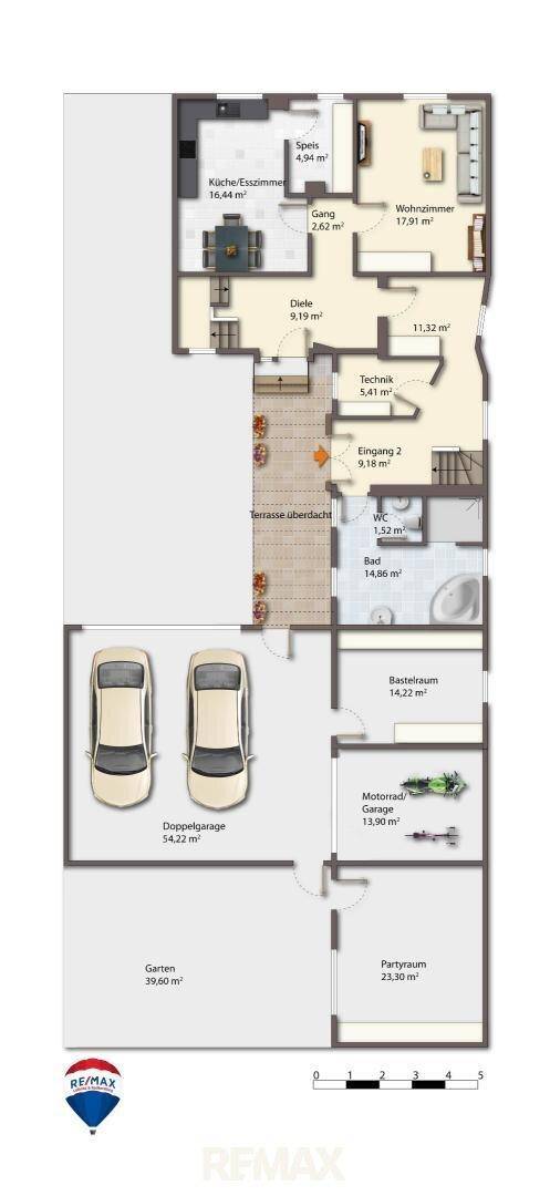 Grundriss des Erdgeschosses mit Wohnbereich, Küche, Doppelgarage und überdachter Terrasse.