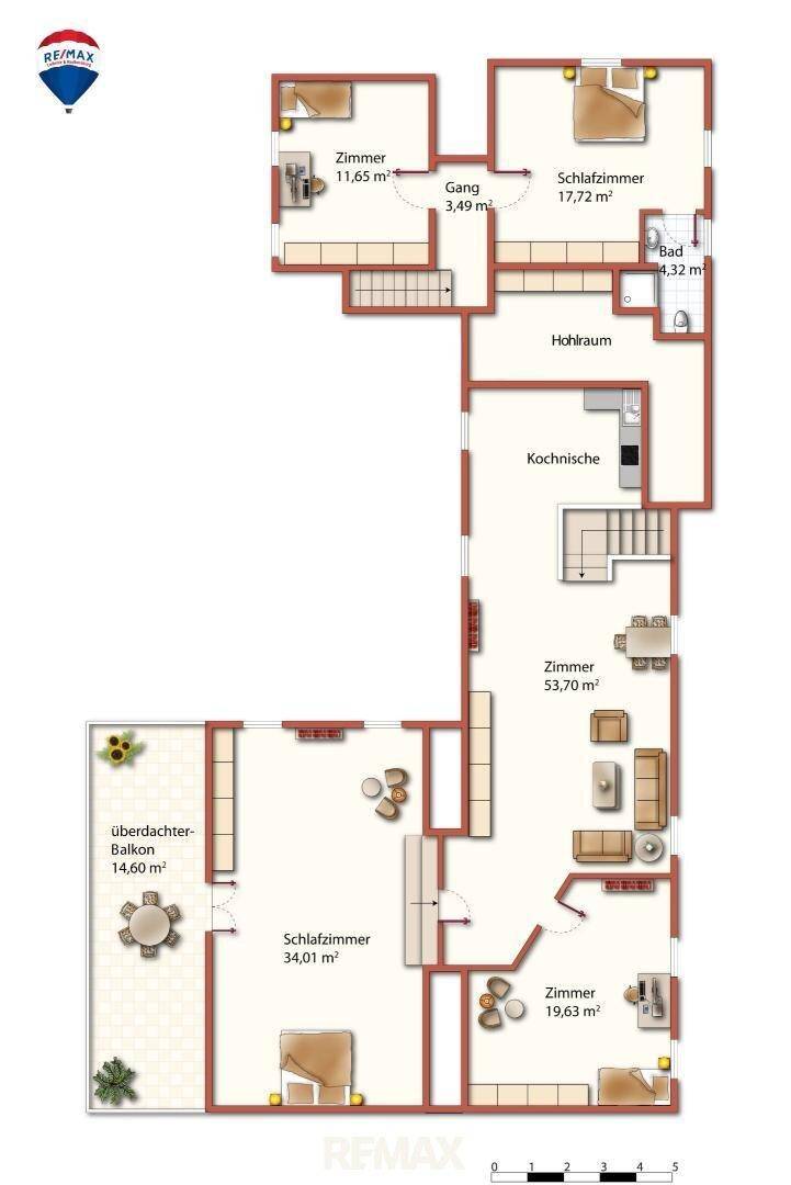 Grundriss der Wohnung mit mehreren Zimmern, Bad und einem überdachten Balkon.