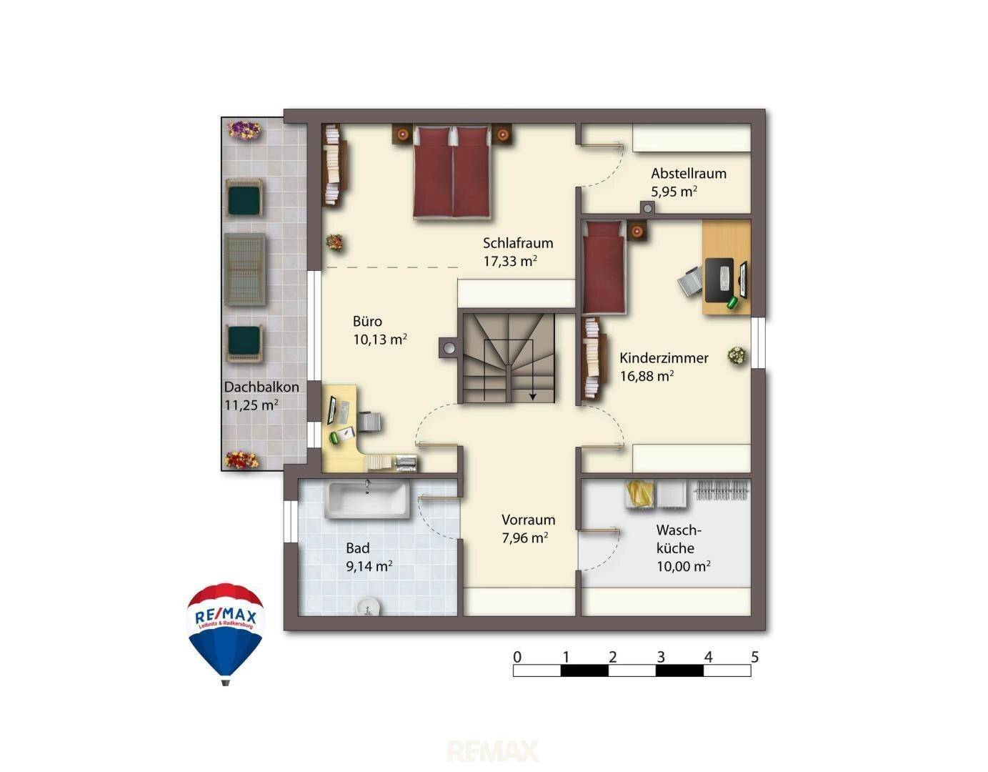 Grundriss des Obergeschosses mit Schlafzimmer, Kinderzimmer, Büro und Dachbalkon.