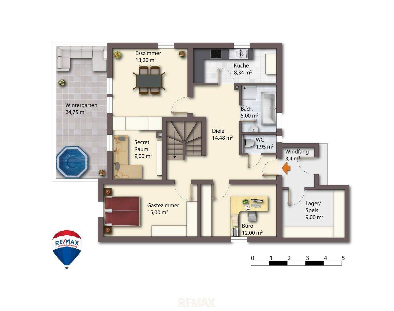 Grundriss des Erdgeschosses mit Küche, Esszimmer, Gästezimmer und Wintergarten.