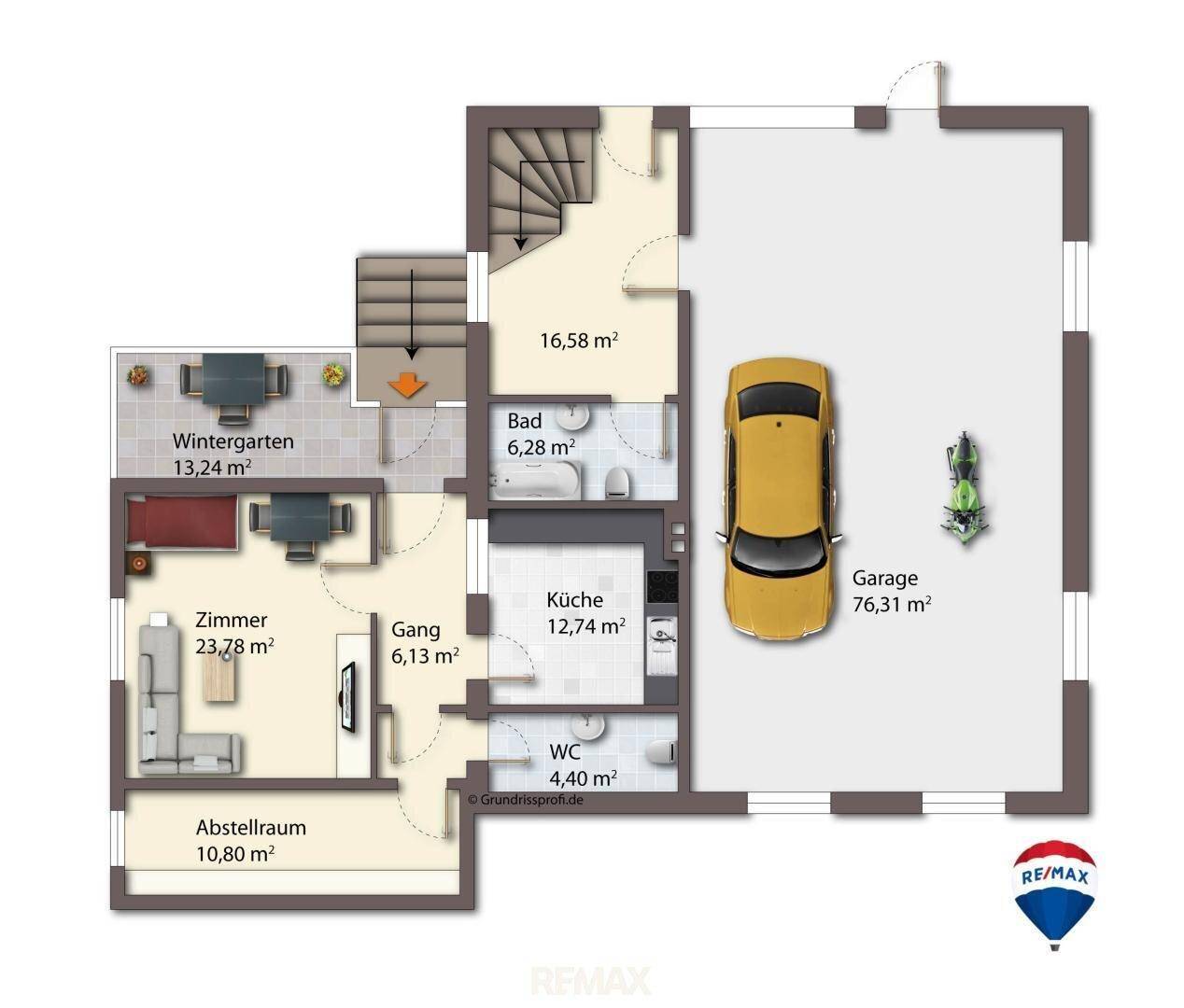 Grundriss des Erdgeschosses mit Wintergarten, Zimmer, Küche und großer Garage.