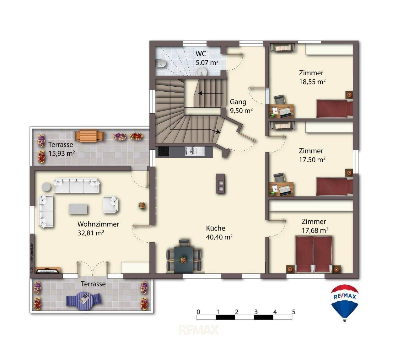 Grundriss des Obergeschosses mit Wohnzimmer, Küche, Terrasse und drei Zimmern.