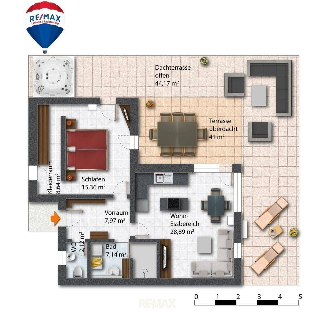 Detaillierter Grundriss einer Wohnung mit Schlafzimmer, Bad und großer Dachterrasse.