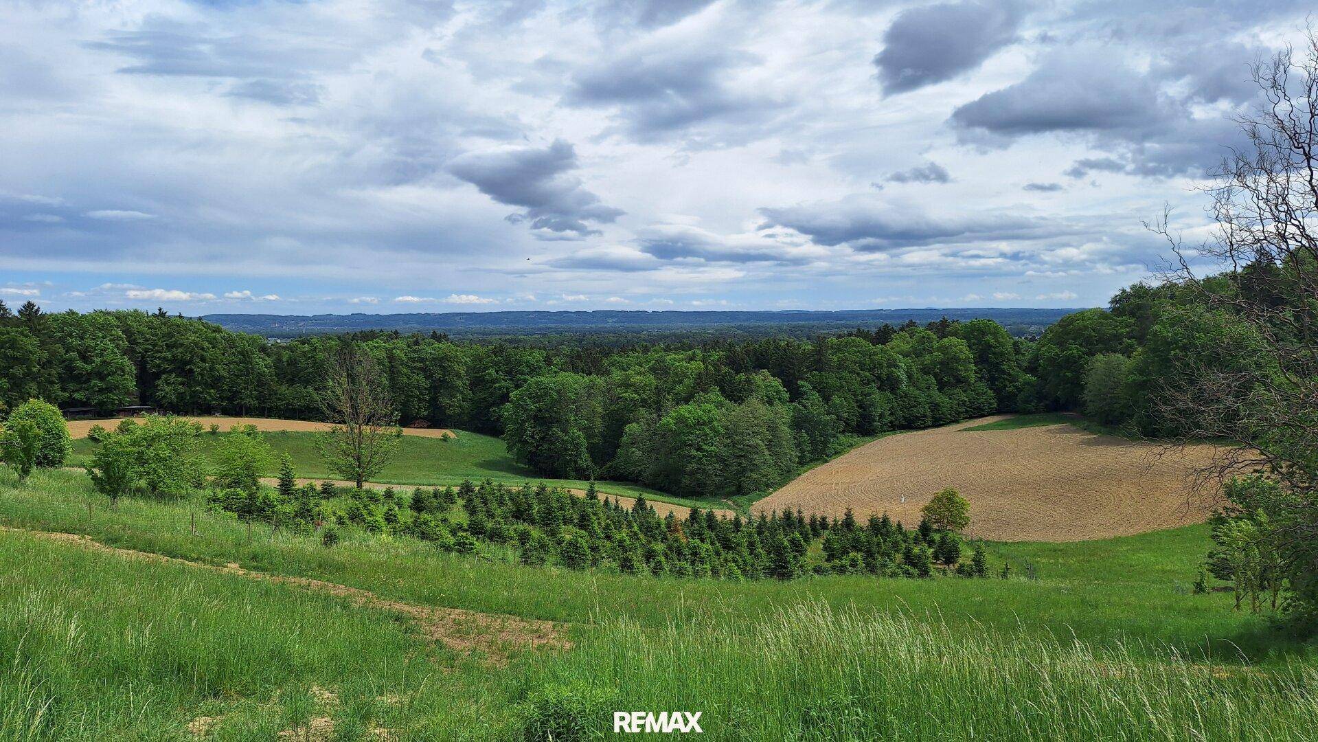 Aussicht auf eine malerische Naturlandschaft mit sanften Hügeln, Wäldern und landwirtschaftlichen Flächen.