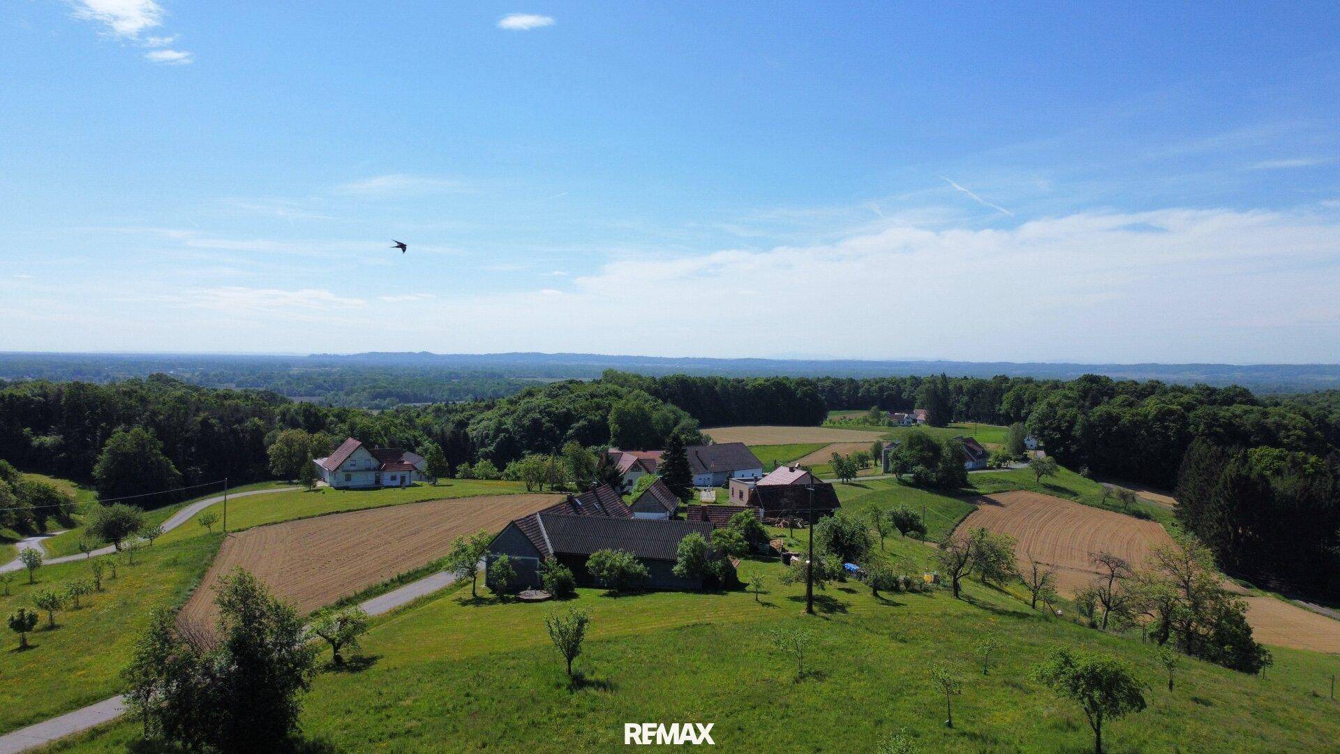 Weitläufige ländliche Landschaft mit verstreuten Häusern, Feldern und Wäldern unter blauem Himmel.