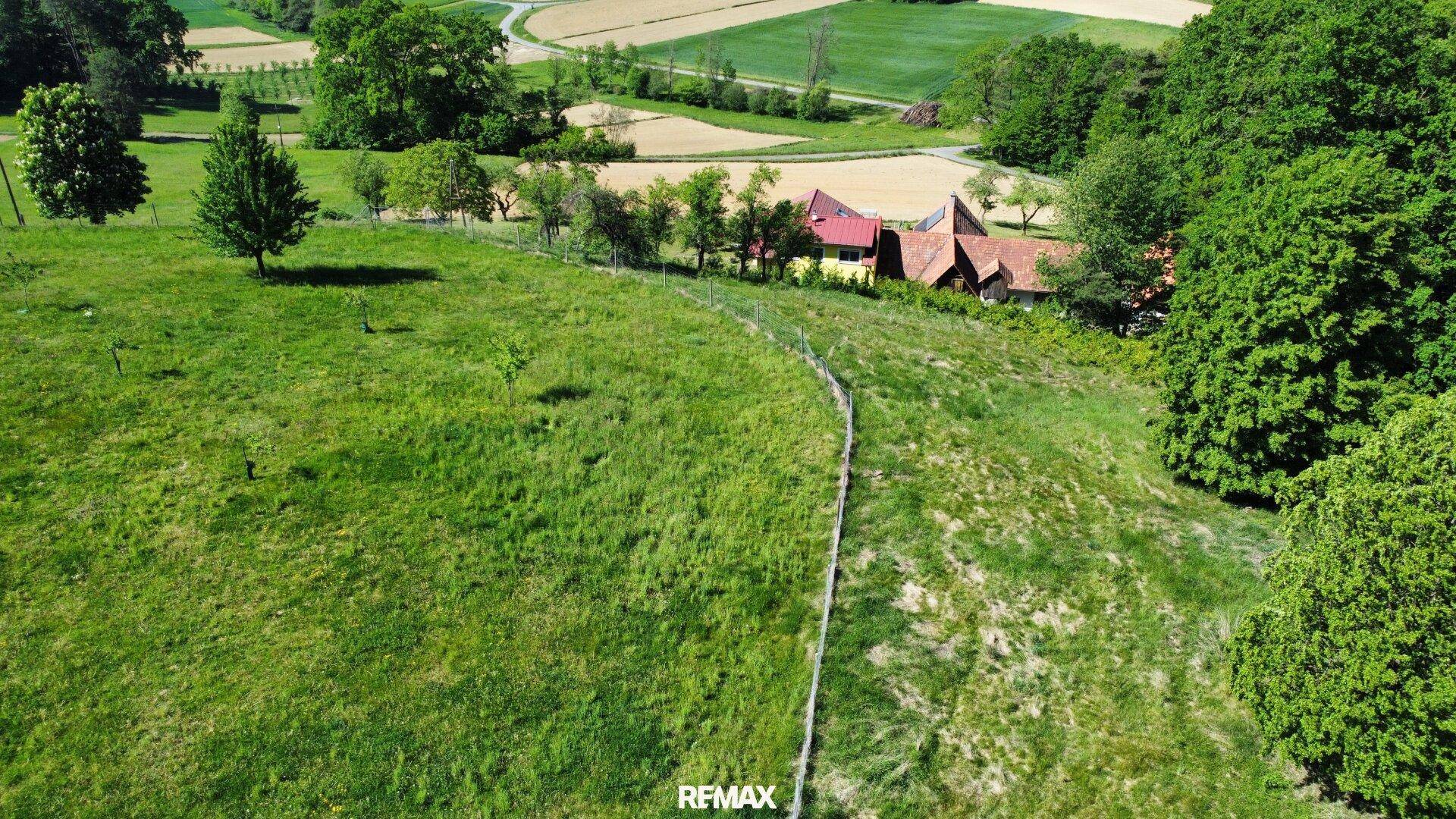 Eine große grüne Wiese mit einem Zaun, die zu Häusern und Feldern in der Ferne führt.