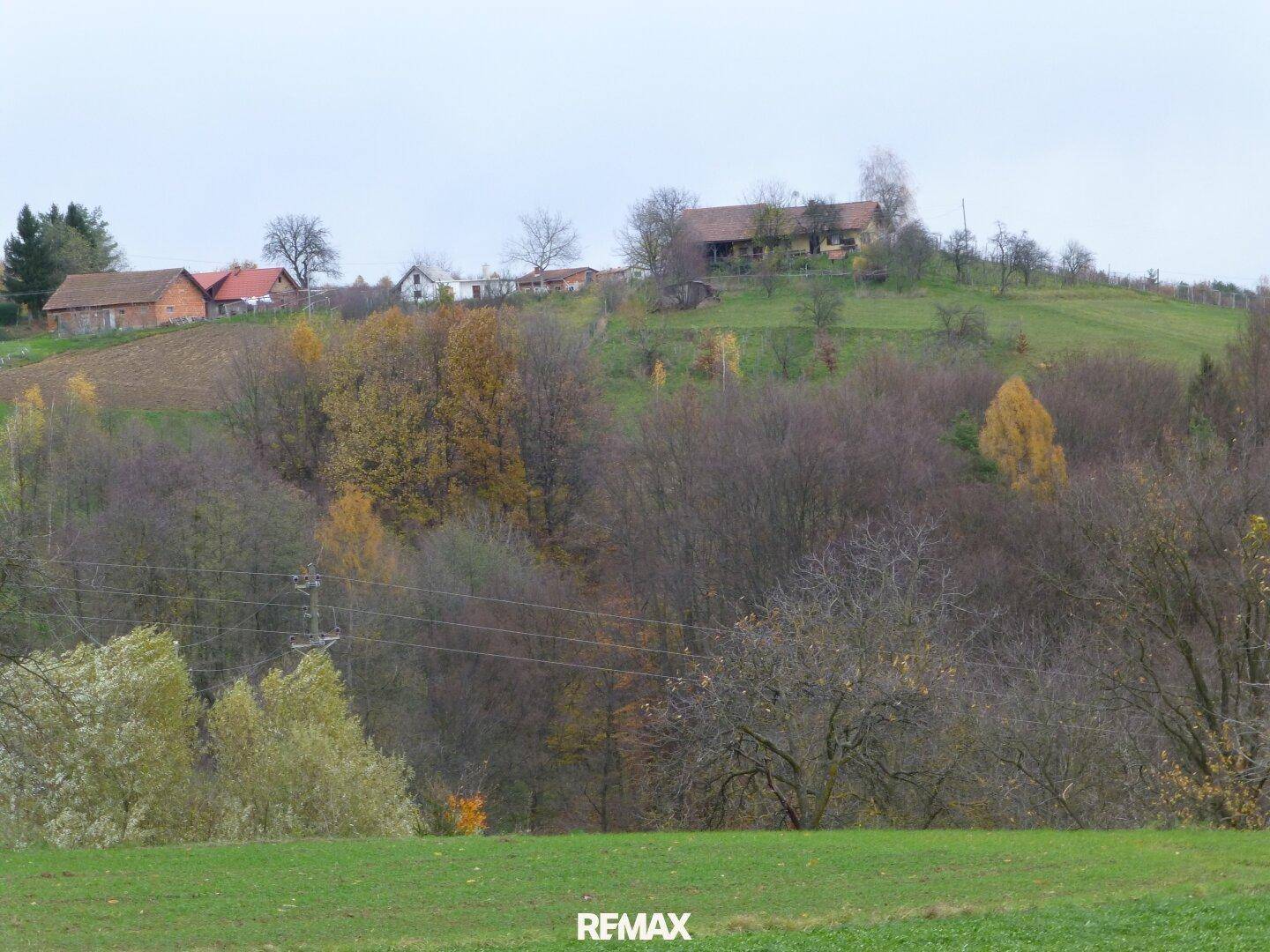 Ländliche Hügellandschaft mit verstreuten Häusern und herbstlicher Vegetation unter bewölktem Himmel.