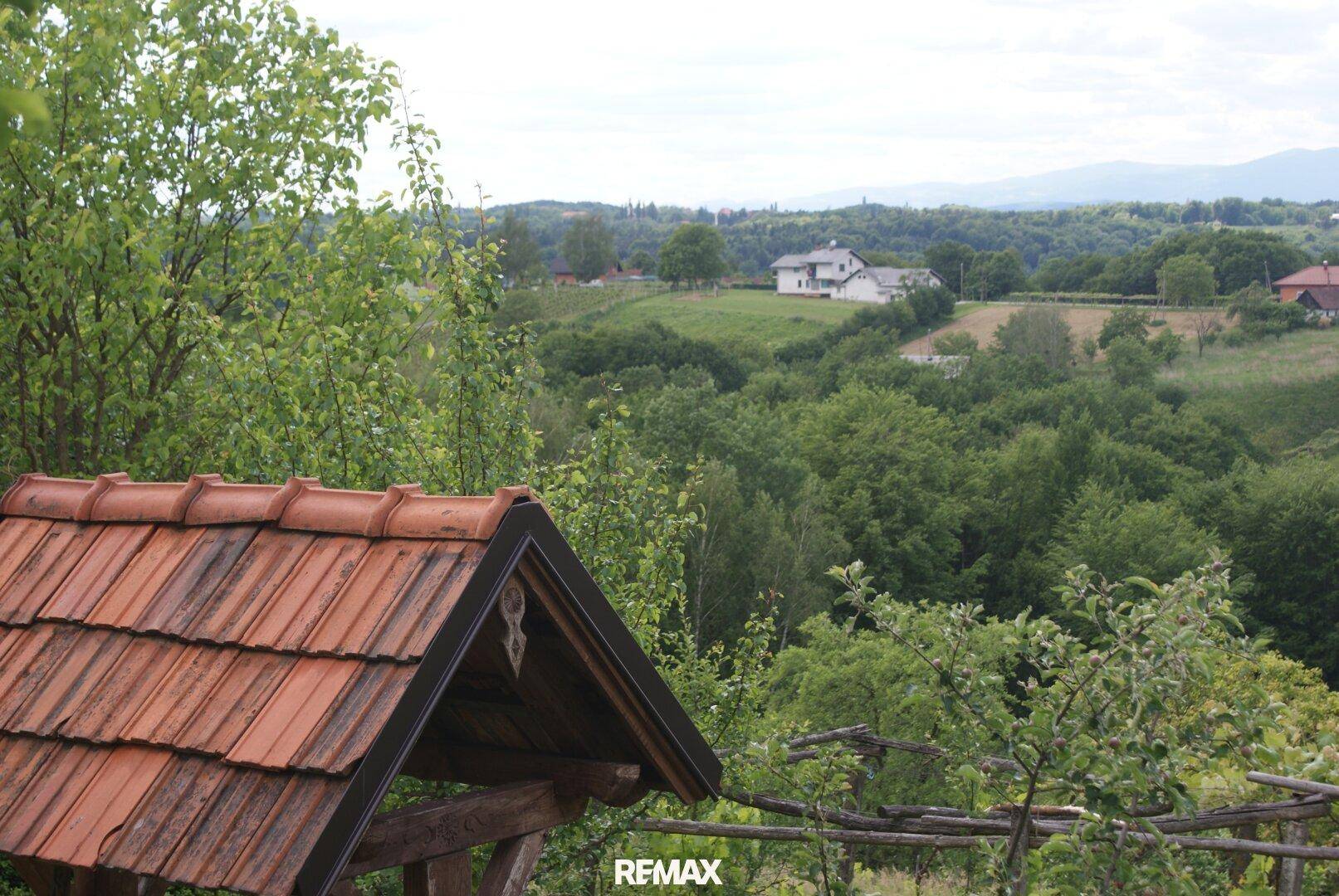 Malerischer Ausblick auf die hügelige Landschaft mit Wäldern und vereinzelten Häusern.