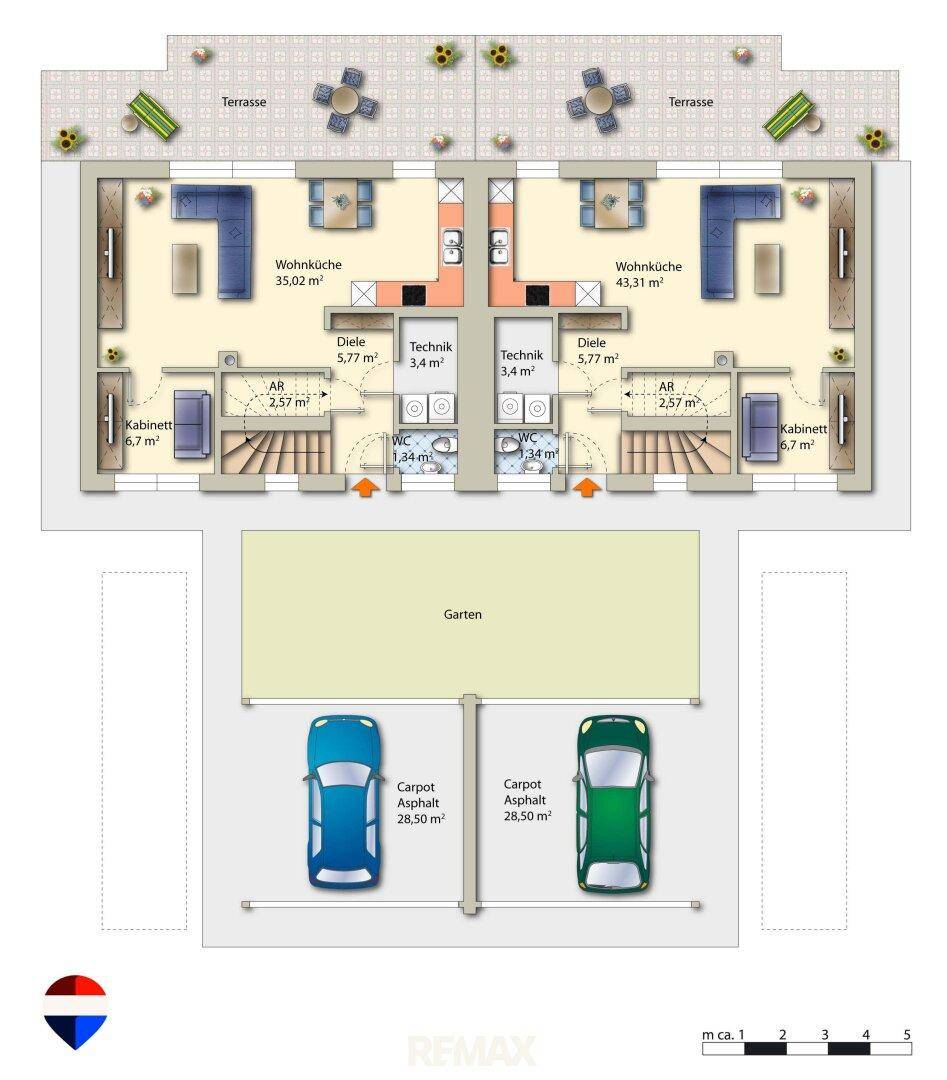 Grundriss des Erdgeschosses mit offener Wohnküche, Terrasse, Garten und Carport-Stellplätzen.