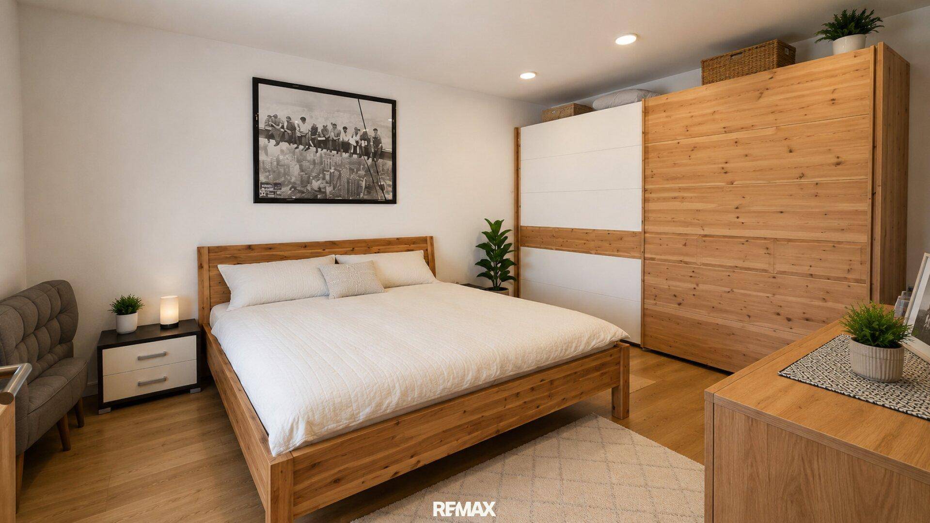 Modernes Schlafzimmer mit Holzbett, Einbauschränken und hellem Holzboden.