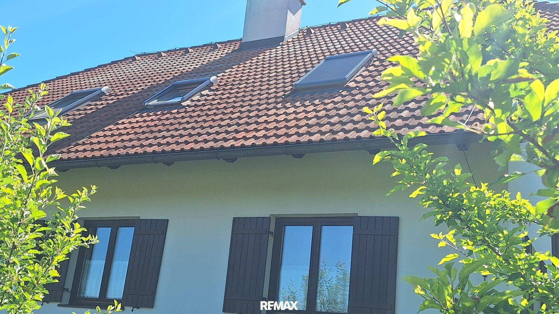 Dach mit roten Ziegeln und mehreren Dachfenstern, umgeben von frischem Grün der Bäume.